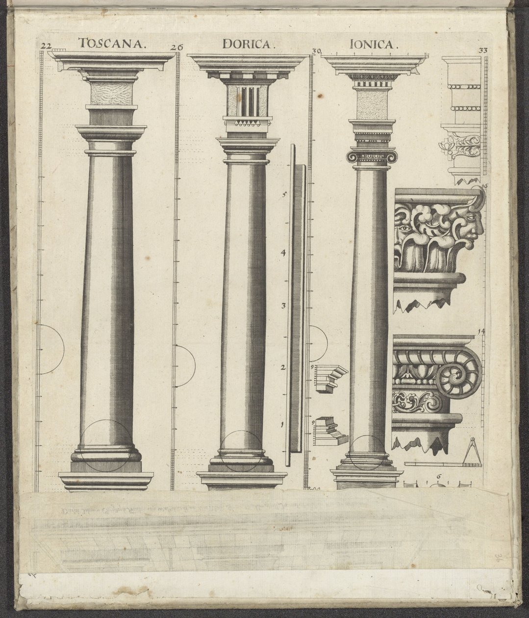 Tre kolonner av toskanske, doriske og joniske ordener Toscana / Dorica / Ionica (tittel på objekt) Funf Ordnungen der Architektur (serietittel) av Johann Christoph Feinlein