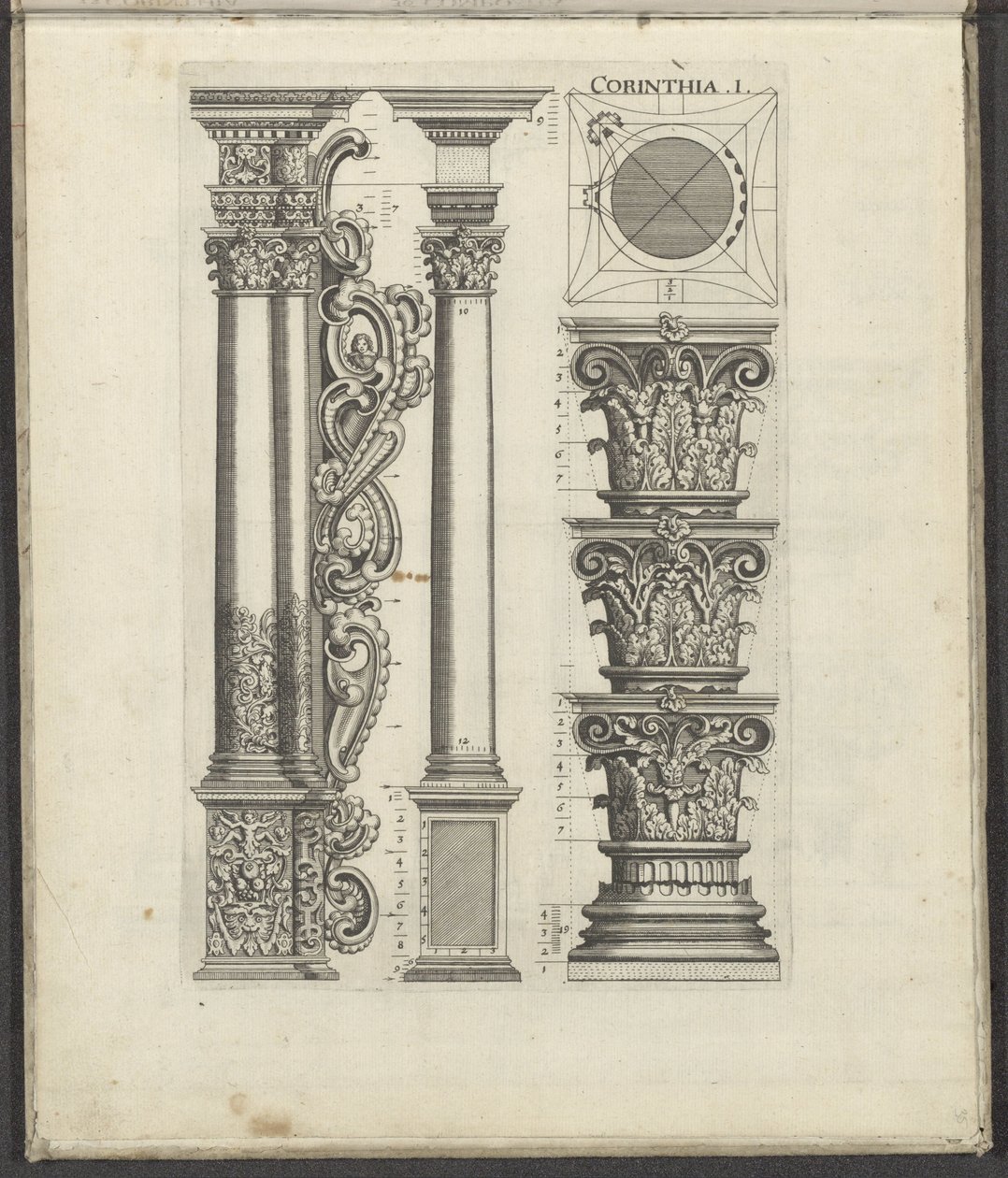 Kolonner og hovedsteder i den korintiske orden Corinthia .I. (tittel på objekt) Five Orders of Architecture (serietittel) av Johann Christoph Feinlein