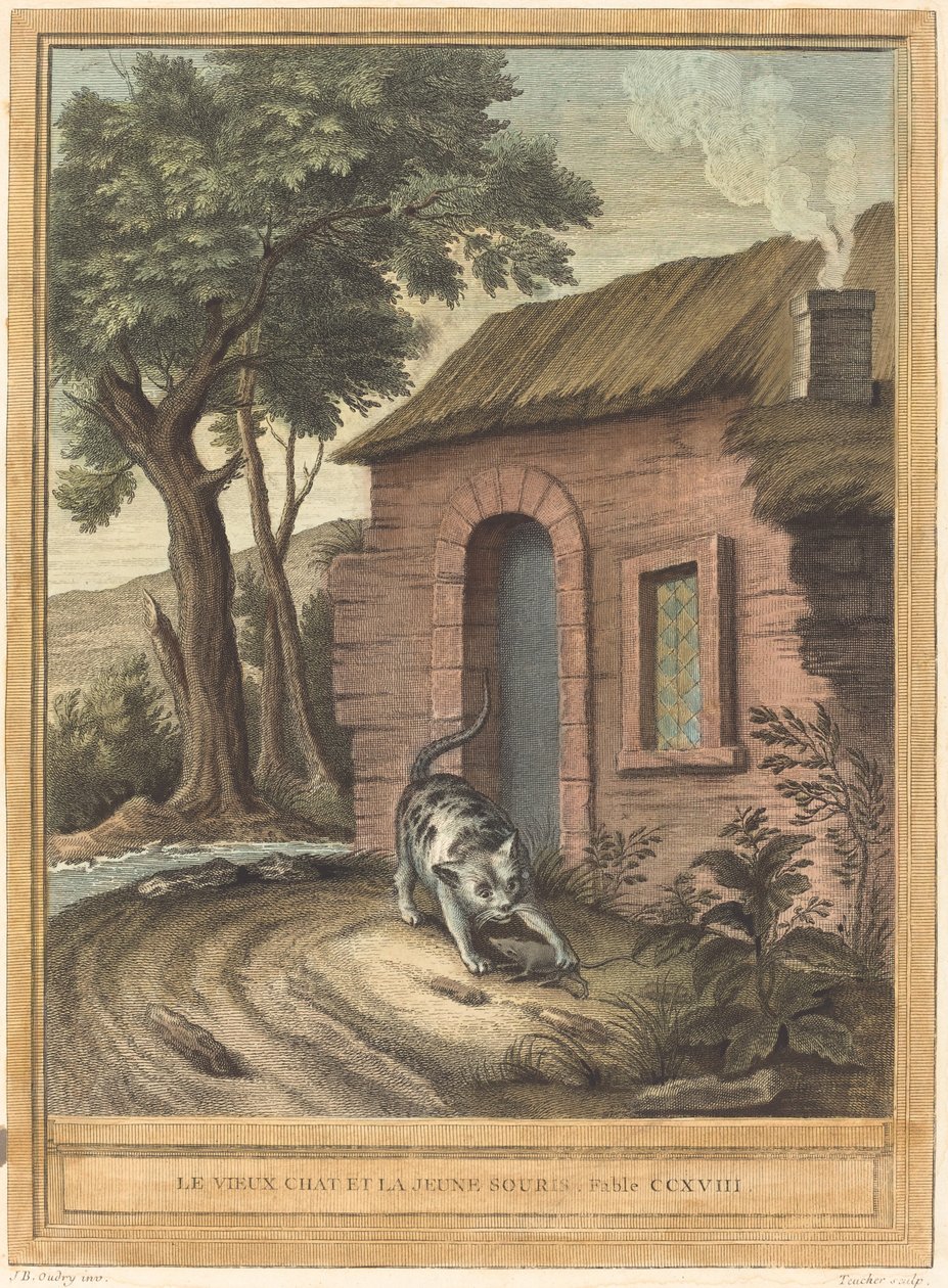 Den gamle katten og den unge musen av Johann Christoph Teucher after Jean Baptiste Oudry