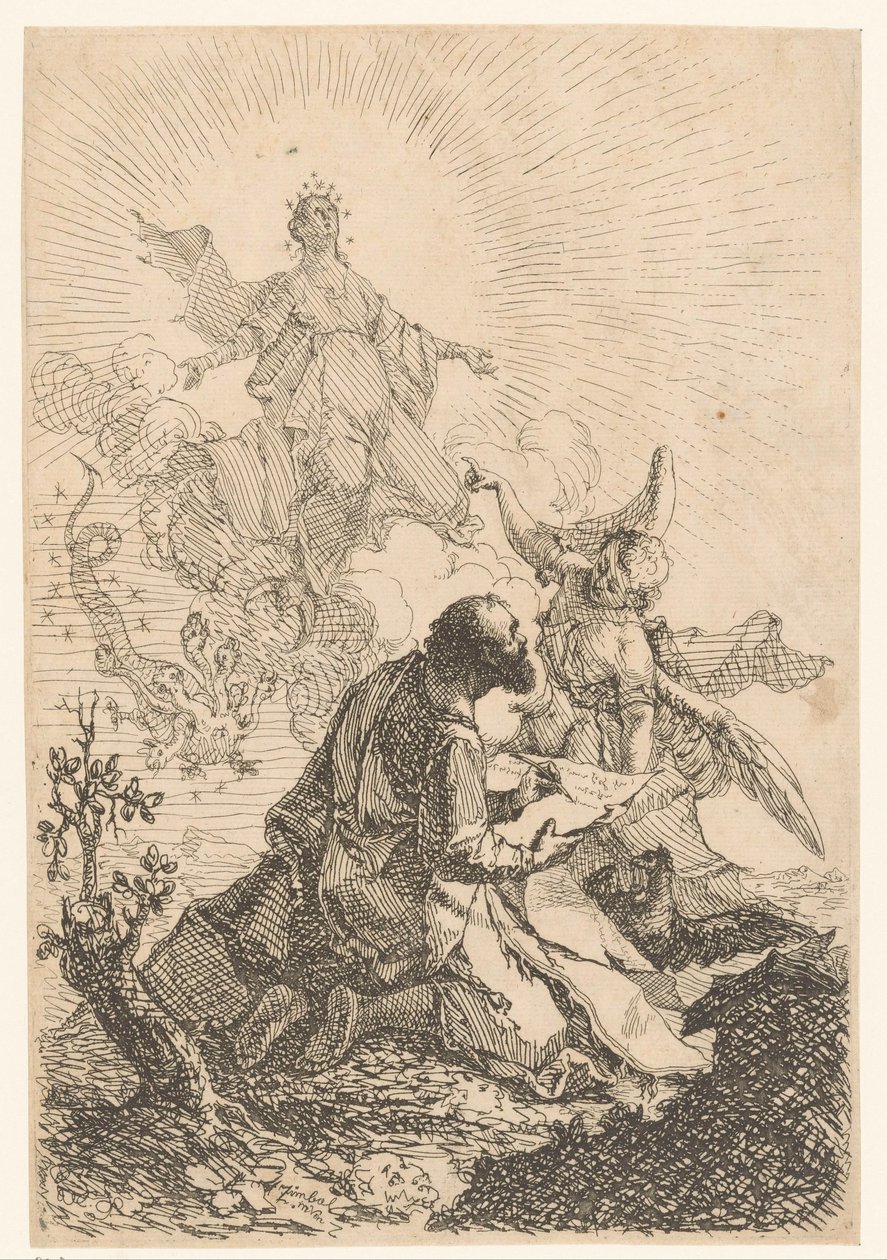 Johannes har en visjon på Patmos der den hellige jomfruen dreper den sjuhodede dragen av Johann Cimbal