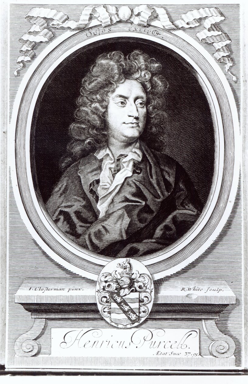 Portrett av Henry Purcell (1659-95), engelsk komponist, gravert av R. White, 1695 av Johann Closterman