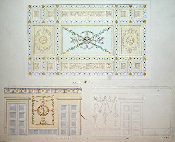 Dekorative design for interiøret i Beberbeck-palasset, av Israel Schwalm (penn og akvarell på papir) av Johann Conrad (after) Bromeis