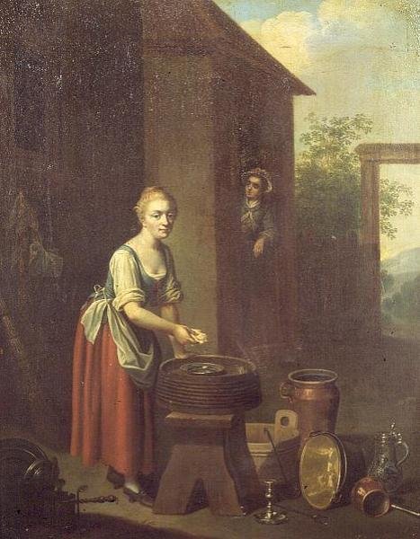 En hushjelp vasker opp i en hage av Johann Daniel Bager