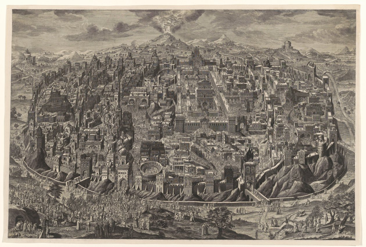 Oversiktskart i fugleperspektiv over Jerusalem med representasjoner av Kristi lidenskap av Johann Daniel Herz (I)