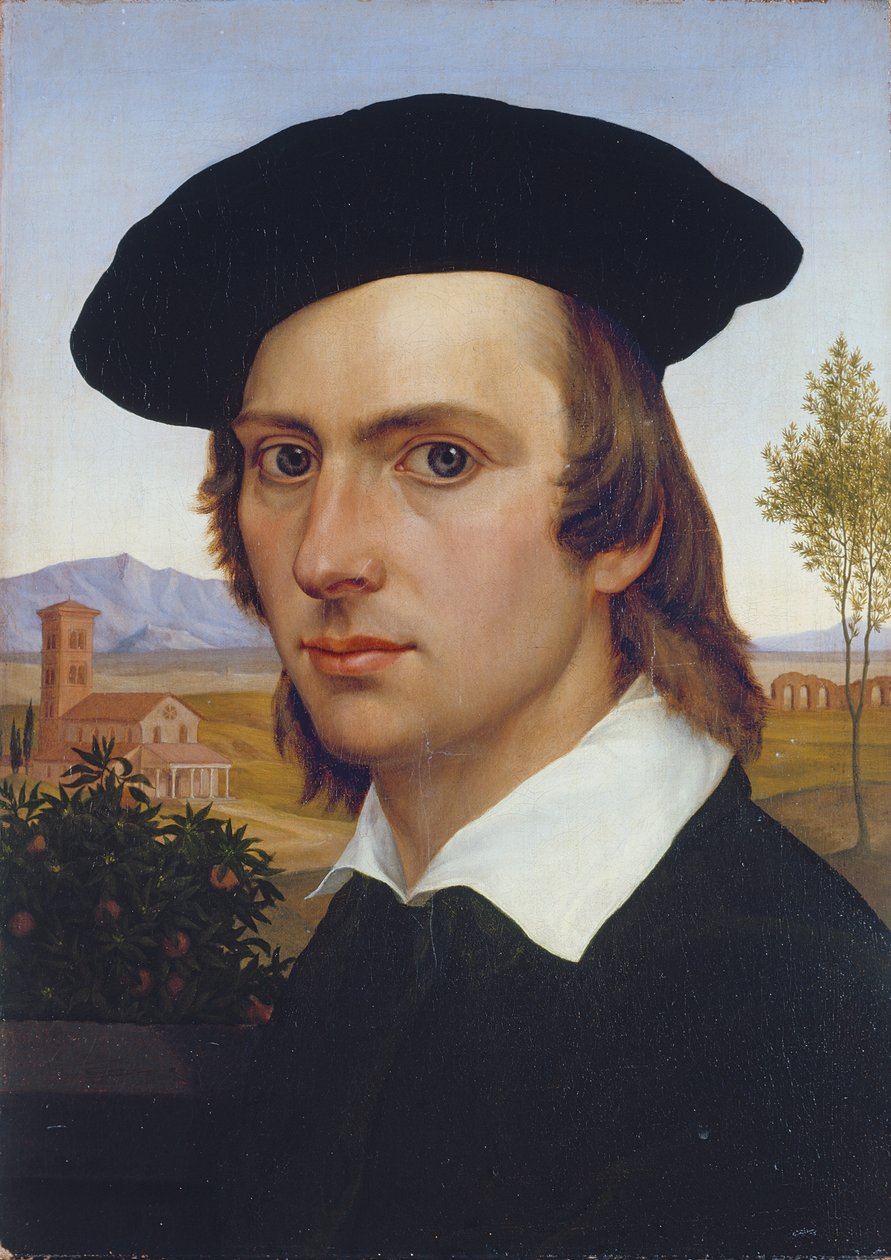Selvportrett med Beret foran et romersk landskap av Johann David Passavant