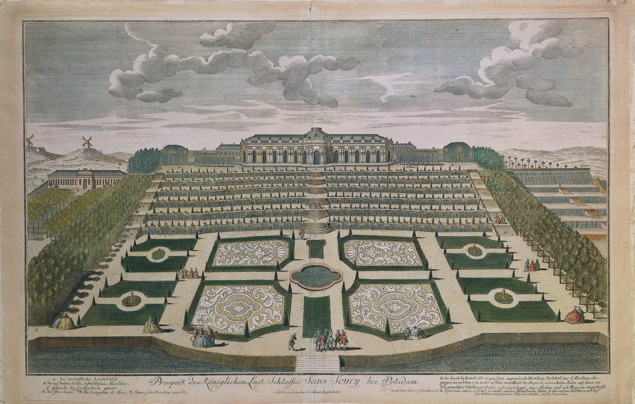 Perspektiv utsikt over Sanssouci slott, Potsdam, Tyskland av Johann David Schleuen
