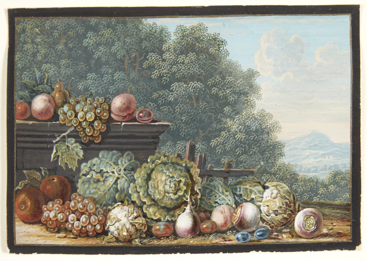Et stilleben med grønnsaker og frukt. I bakgrunnen utsikt over et sydlig fjellandskap av Johann Dietzsch