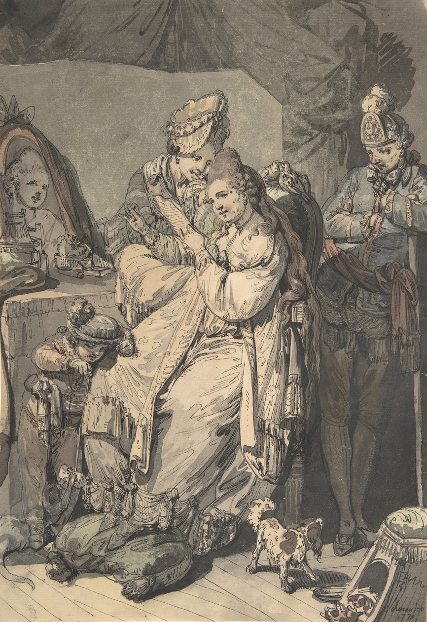 En kvinne på toalettet hennes med en hushjelp, en gutt, en hund og en ung soldat, verso: A Sketch..., 1770. av Johann Eleazar Schenau