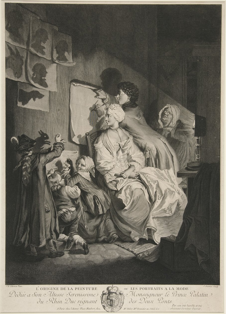 Opprinnelsen til maleri, eller fasjonable portretter; pub. 1767 av Johann Eleazar Schenau