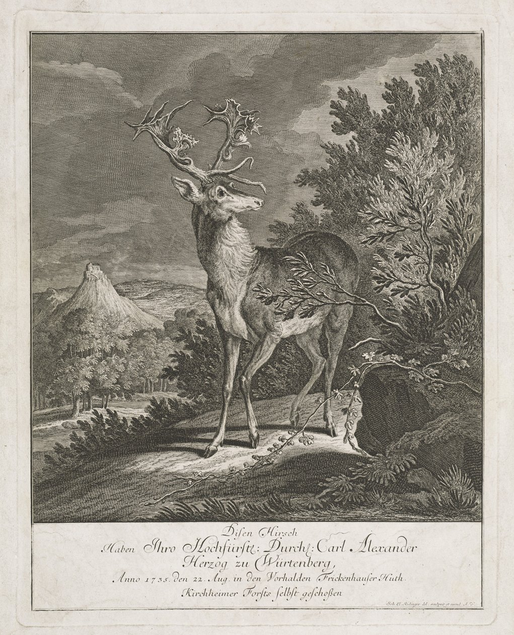 En storslått hjort i et landskap av Johann Elias Ridinger
