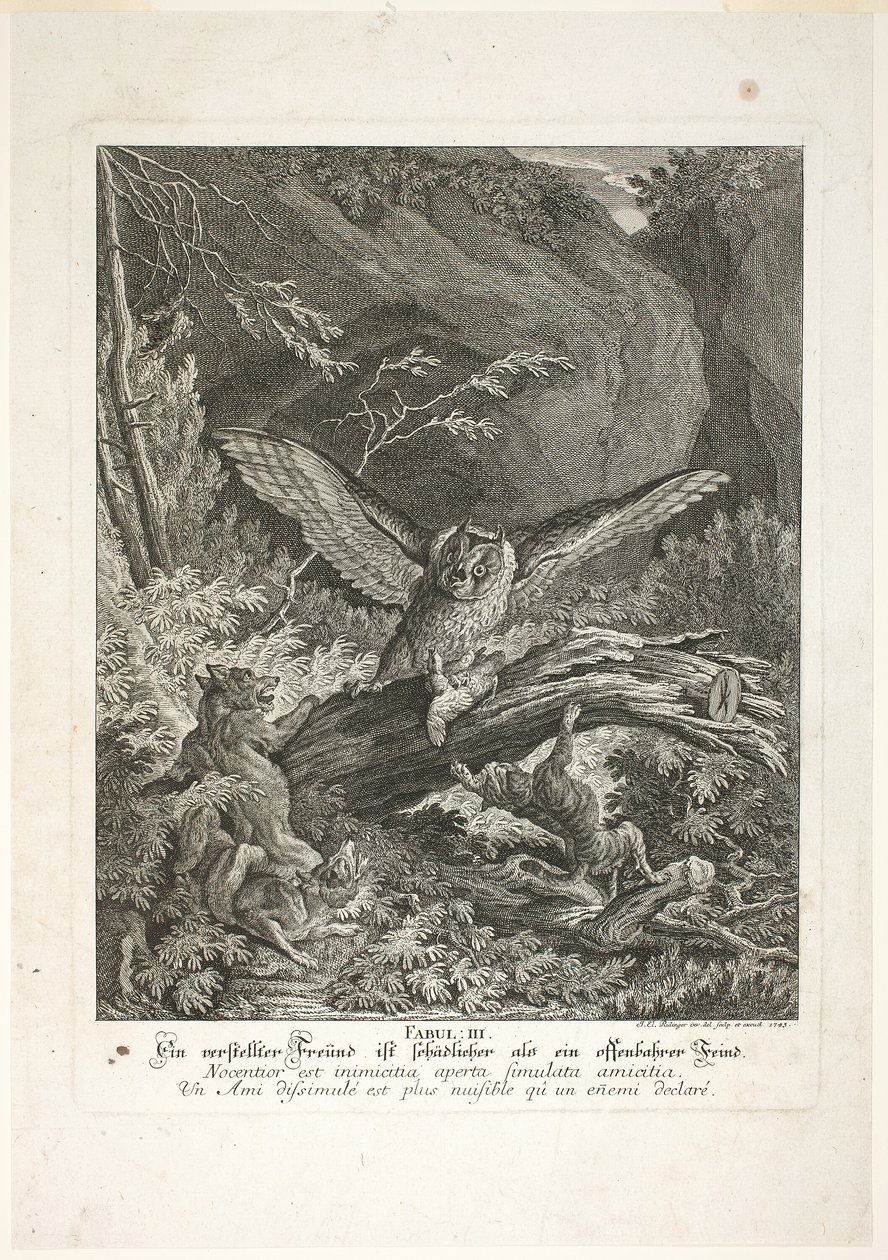 Fable III, plate tre fra Instructive Fables of the Realm of Theire av Johann Elias Ridinger