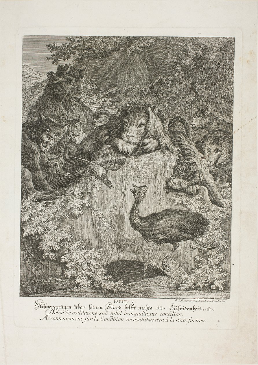 Fable V, plate fem fra Instructive Fables of the Realm of Theire av Johann Elias Ridinger