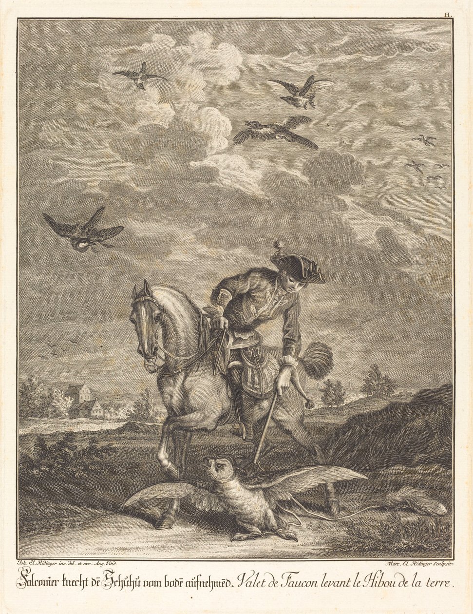 Falconeer løfter en ugle fra bakken av Johann Elias Ridinger