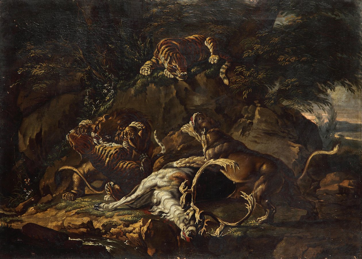 Rovdyr og en sønderrevet hjort av Johann Elias Ridinger