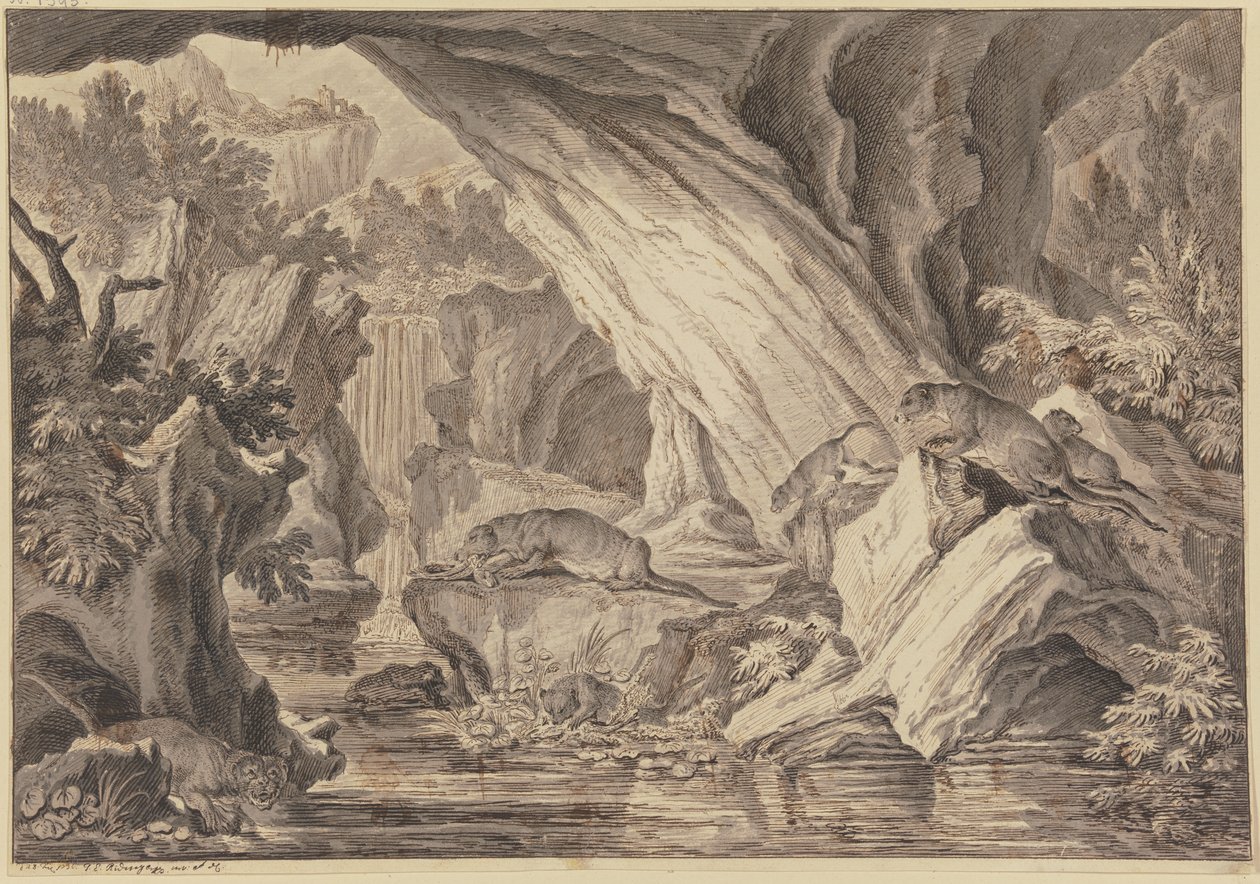 Seks otere i en steinhule ved vannet av Johann Elias Ridinger