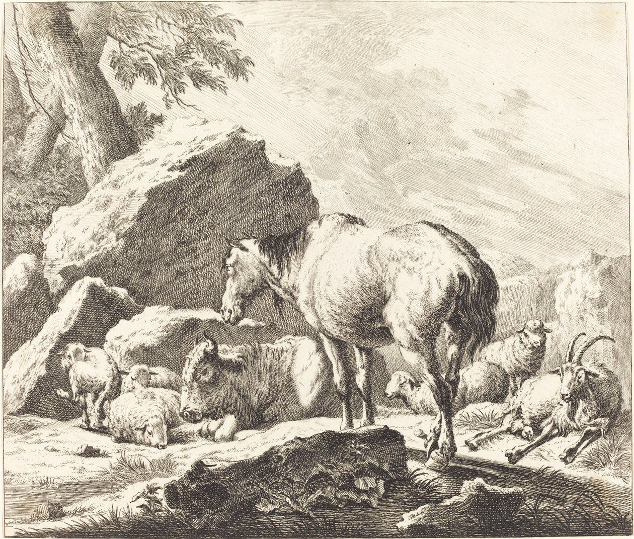 En hest, bøffel, sau og geit i et italiensk landskap av Johann Elias Ridinger after Johann Heinrich Roos