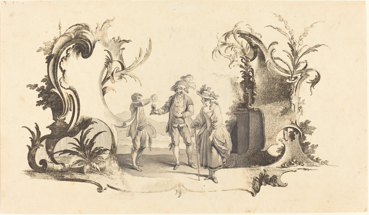 Cartouche Moderne med et ungt par som får servert vin av Johann Esaias Nilson