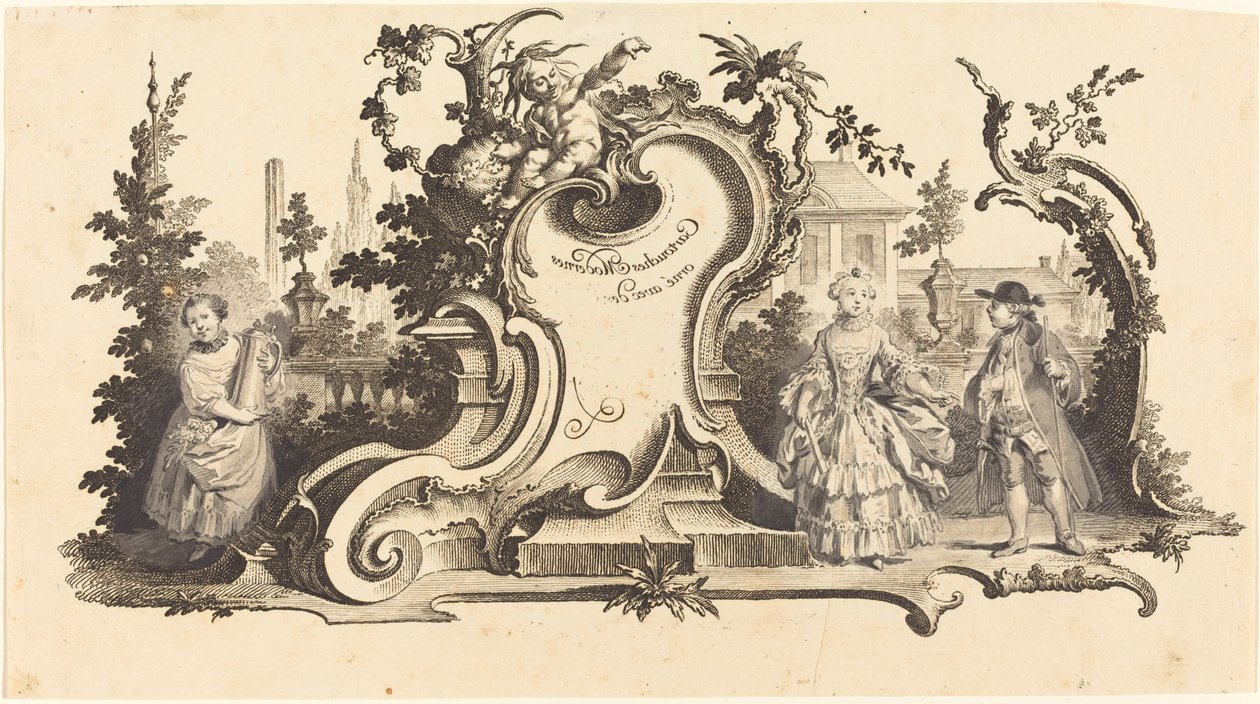 Moderne kartusjer utsmykket med [forskjellige figurer] (Plate VI-1 fra settet) av Johann Esaias Nilson