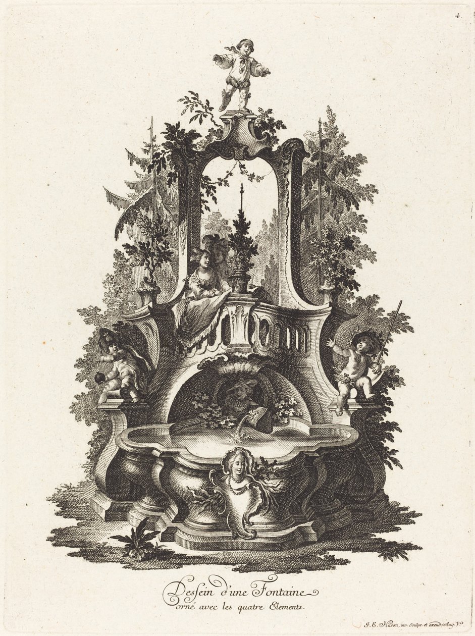 Design for en fontene dekorert med de fire elementene av Johann Esaias Nilson
