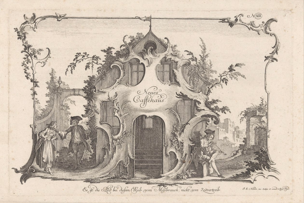 Kaffehus med kranglete par Neues Caffehaus (tittel på objekt) Sosiale aktiviteter (serietittel) av Johann Esaias Nilson