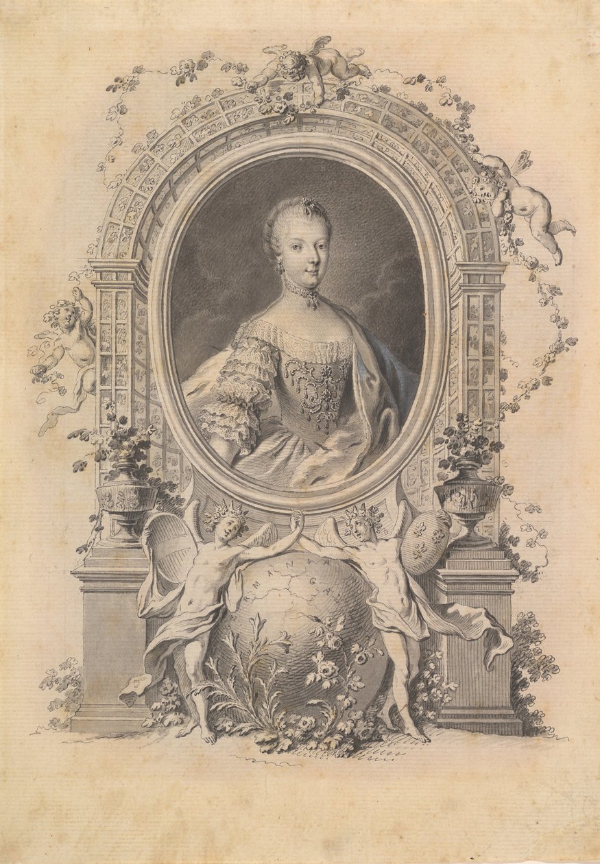 Portrett av dronning Marie-Antoinette i en dekorativ ramme, sent på 1700-tallet. av Johann Esaias Nilson