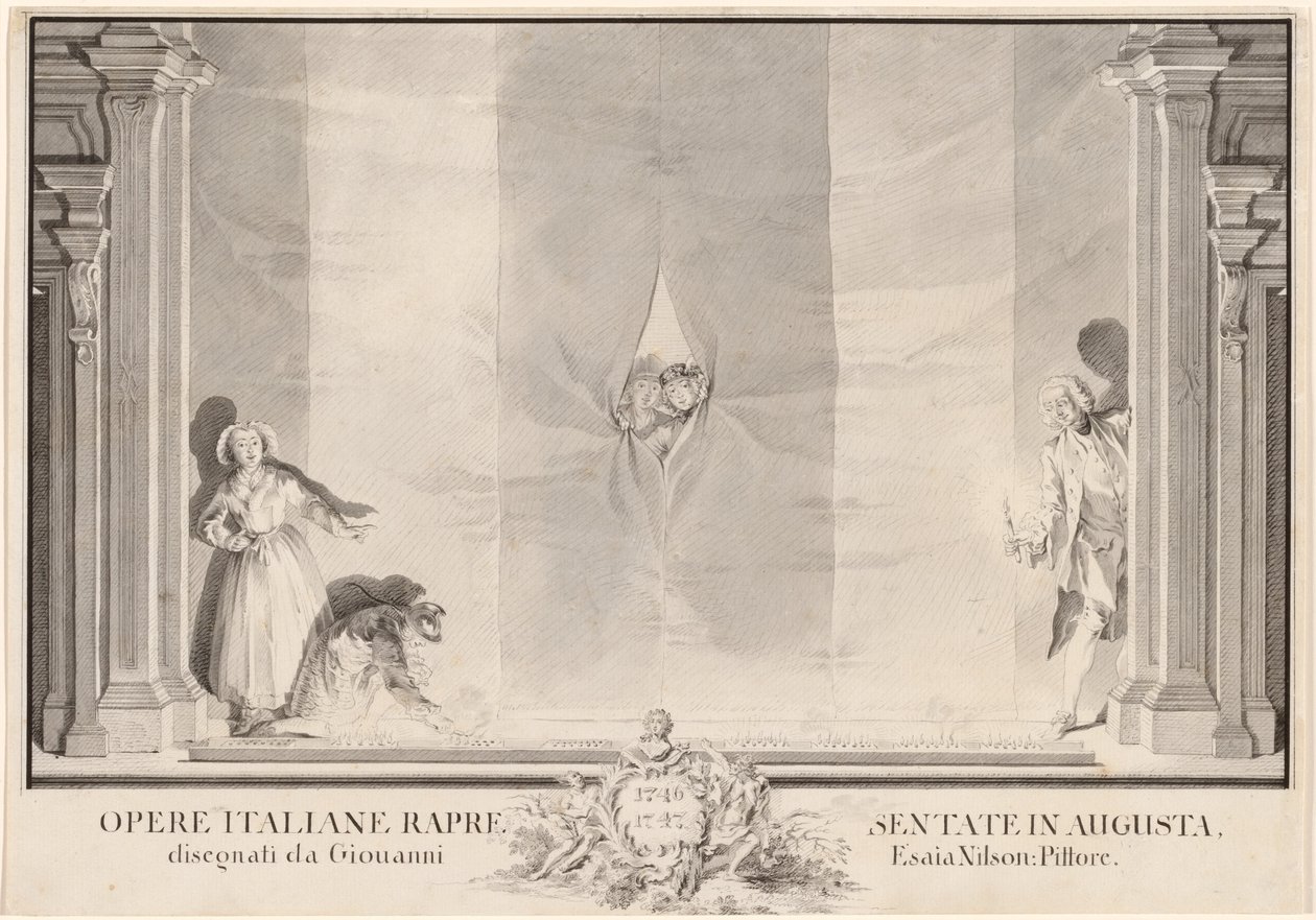 To skuespillere som titter gjennom et teatergardin mens andre forbereder fotlysene av Johann Esaias Nilson