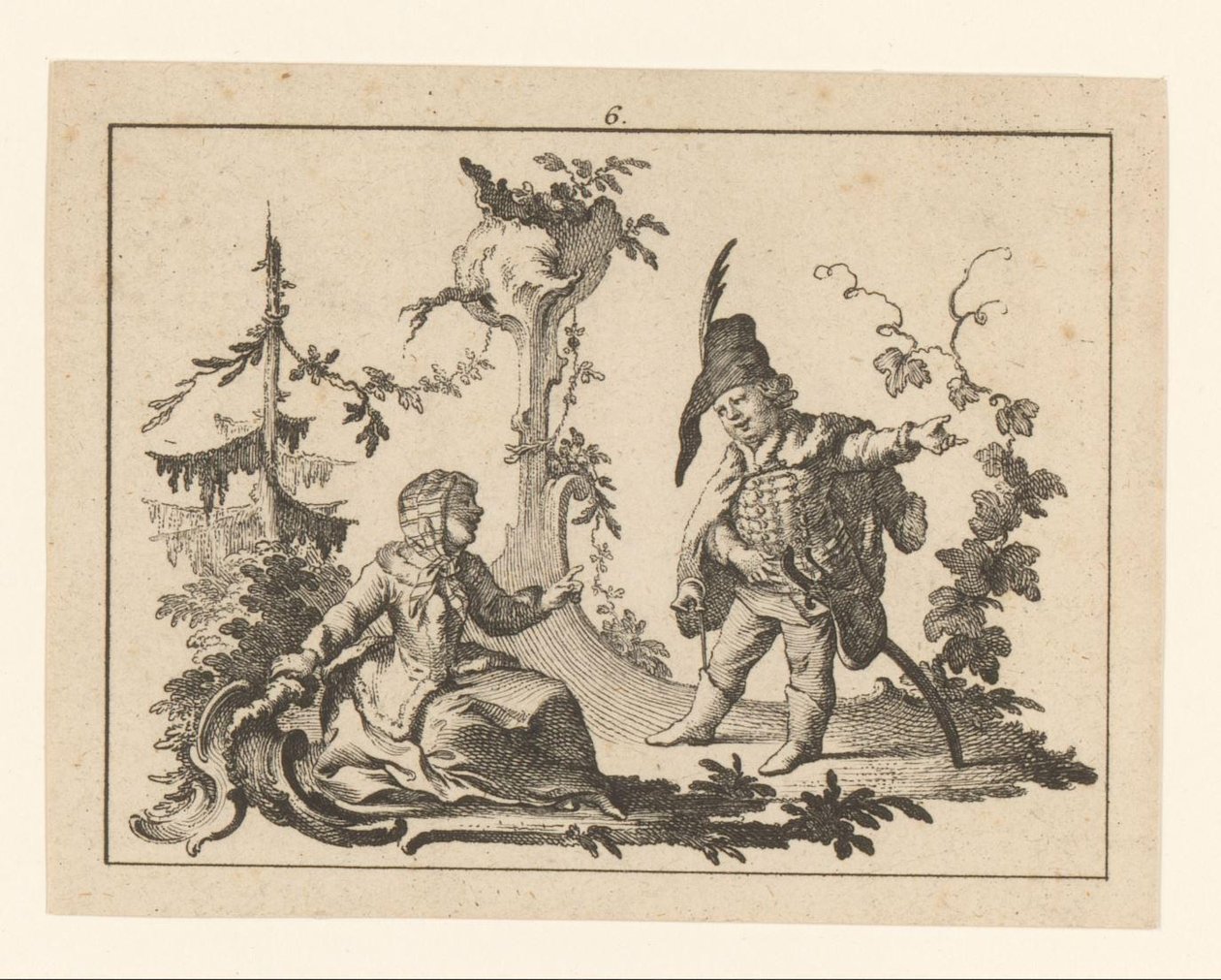 Sittende kvinne med en stående mann med en pipe ved siden av seg på en rokokko-pynt Røykere på rokokko-pynt (serietittel) av Johann Esaias Nilson