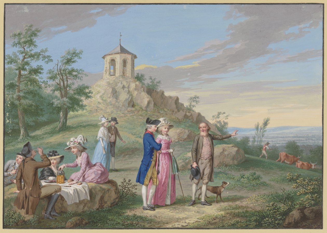 Et selskap av damer og herrer som hviler utendørs ved foten av en ås med et lite tempel, mens en guide viser landskapet til et ungt par av Johann Friedrich August Tischbein