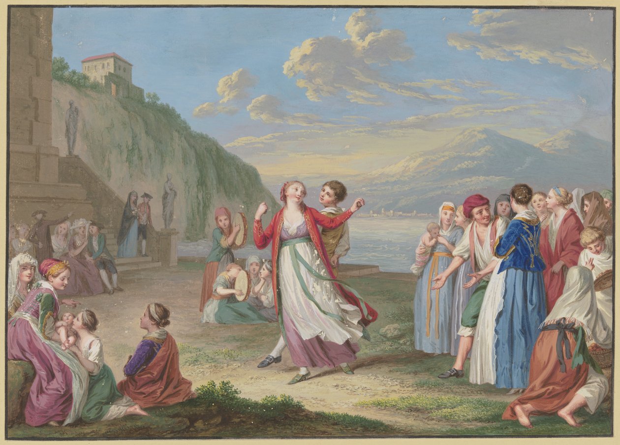 Italienske bønder underholder seg ved innsjøbredden med lek og dans, med høye fjell i bakgrunnen av Johann Friedrich August Tischbein
