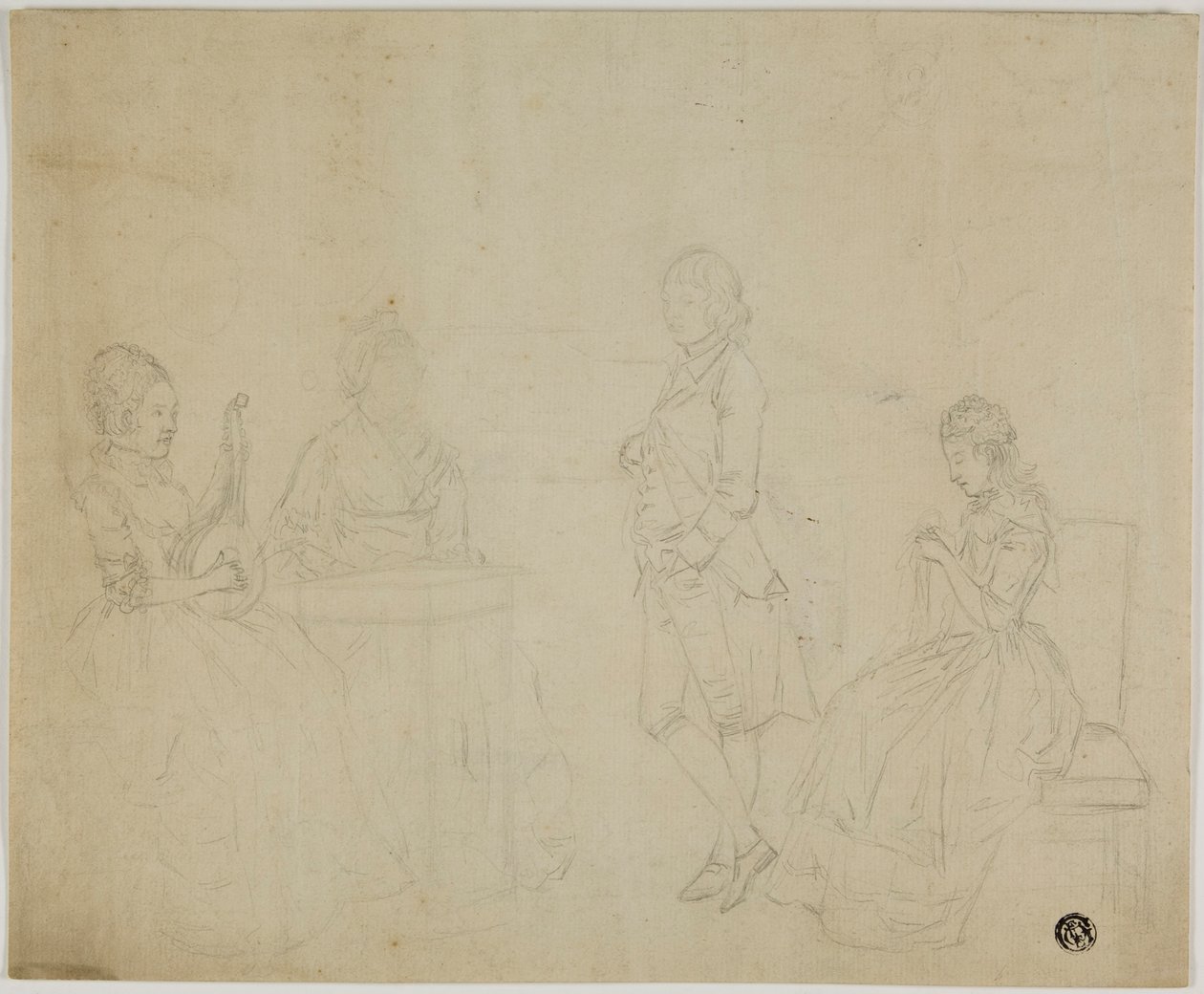 Skisse av familiegruppe med tre sittende kvinner og ung mann stående av Johann Friedrich August Tischbein