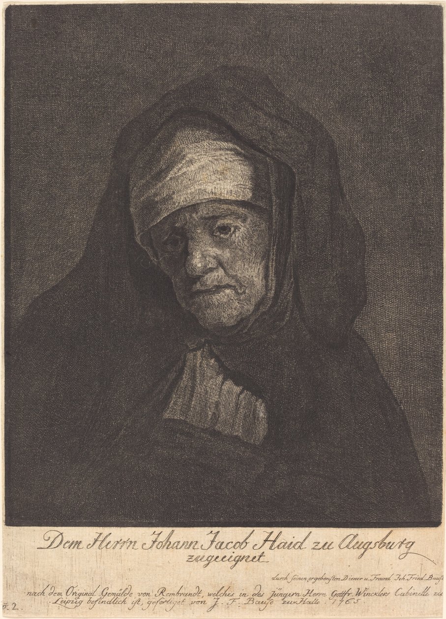 Leder for en eldre kvinne av Johann Friedrich Bause after Rembrandt van Rijn