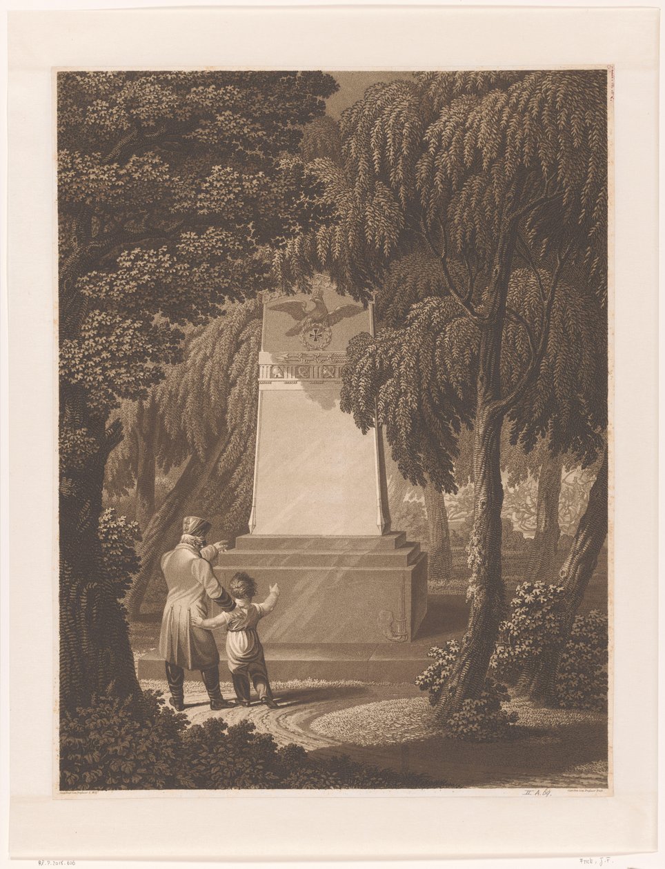 Mann med et barn foran et monument over en drept hæroffiser av Johann Friedrich Frick