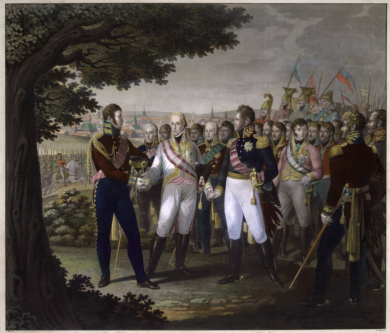 Den russiske tsaren Alexander I (1777-1825), den østerrikske keiseren Francois I (1768-1835) og den prøyssiske kong Frederic Guillaume (Frederic-Guillaume) III i Praha 18. mars 1813 - Møtet mellom keiserne Frans I av Østerrike, Alexander I av Russland og F av Johann Friedrich Jügel