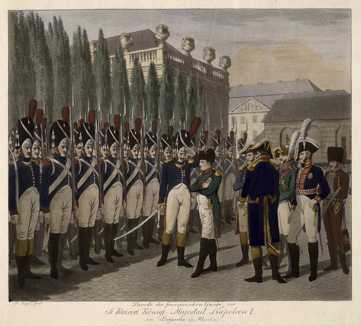 Parade av de franske garde ved Lustgarten i Berlin i 1806 - Juegel, Johann Friedrich (1772-1833) - 1806 - Akvatint - 31,6x39 - Privat samling av Johann Friedrich Jügel