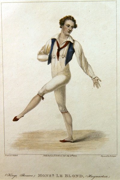 Portrett av Monsieur Le Blond, en danser ved Haymarket Theatre, London, danser med ben og arm utvidet, gravert av R. Cooper av Johann Friedrich Maximilian von (after) Waldeck