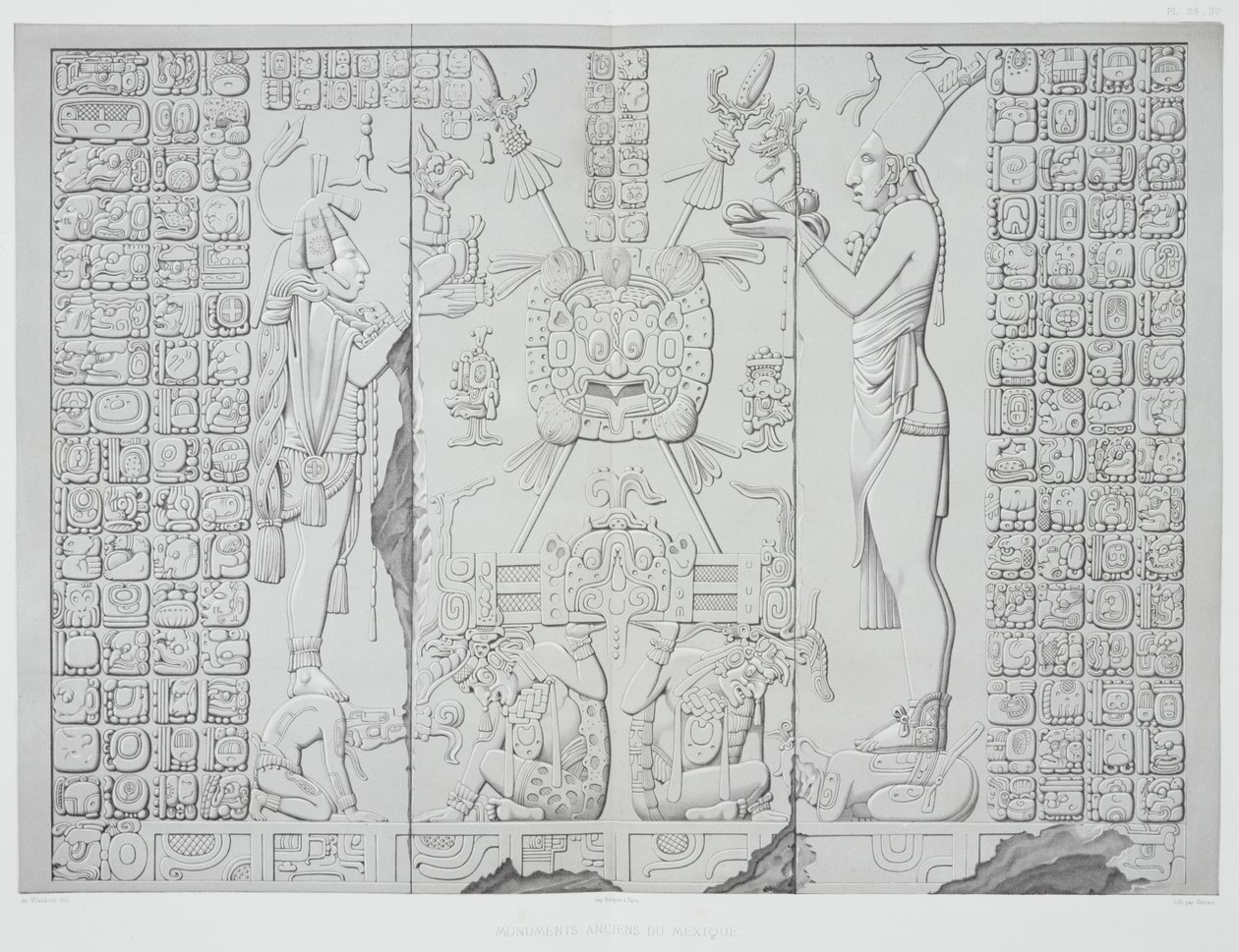 Relieff som viser en prest med tilbud fra Sanctuary of the Temple of the Sun, Palenque, platene 29 og 30 fra Ancient Monuments of Mexico, gravert av Werner, 1866 av Johann Friedrich Maximilian von Waldeck