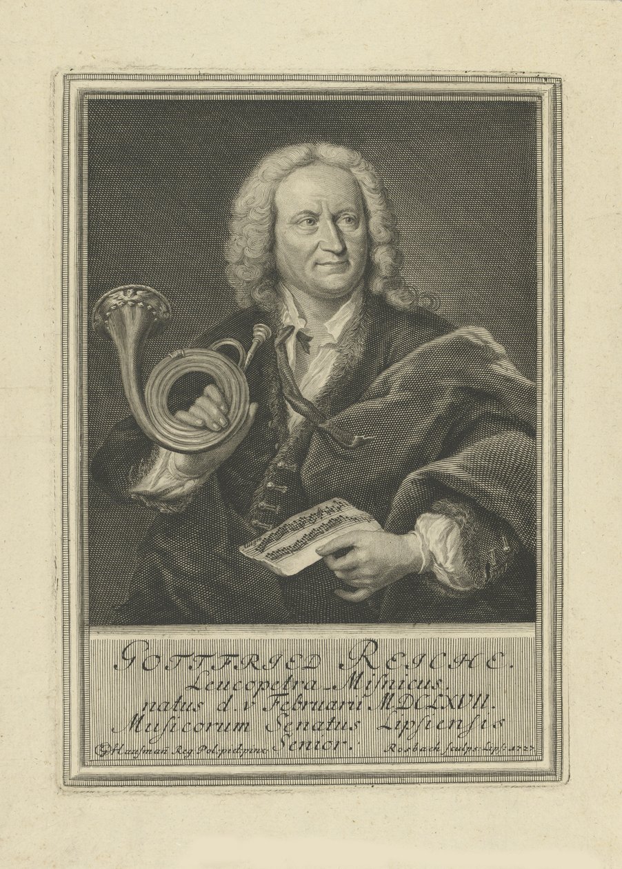 Portrett av trompetisten og komponisten Gottfried Reiche 1667-1734, 1727. av Johann Friedrich Rosbach