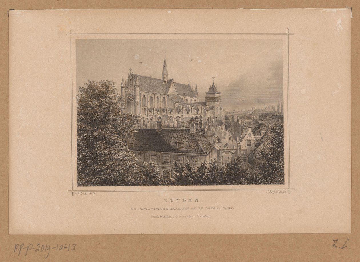 Utsikt over Hooglandse Kerk i Leiden Leyden, De Hooglandsche kerk, sett fra burg (tittel på objekt) av Johann Gabriel Friedrich Poppel