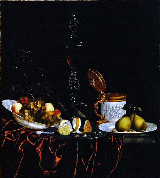 Et stilleben på et marmorbord, delvis dekket med en rød fløyelsklut (olje på lerret) av Johann Georg Hinz