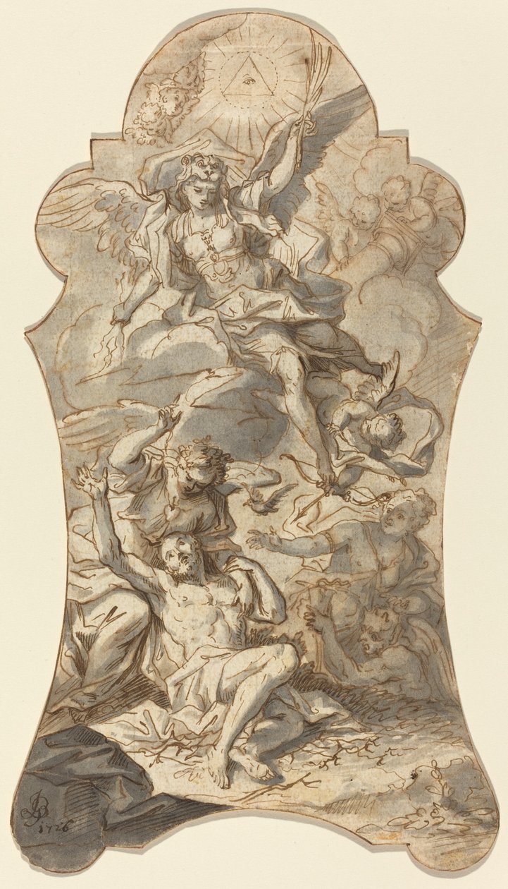 De hellige englene beskytter en eremitt mot ondskap av Johann Georg Bergmuller