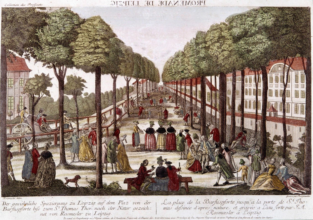 Leipzig-promenaden på slutten av 1700-tallet. gravering av Rosmesler & Bergmuller. av Johann Georg Bergmuller