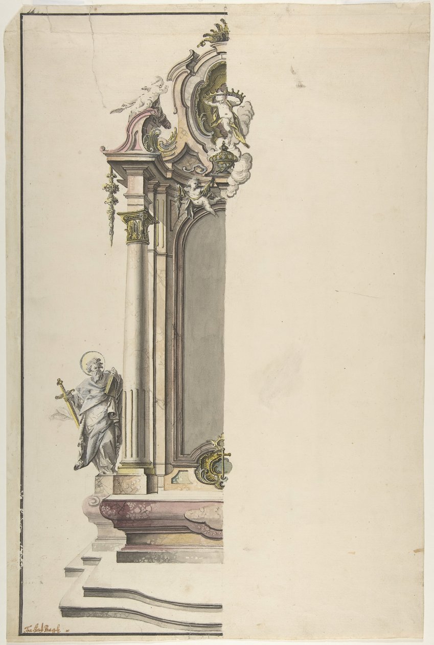 Design for et adikulært alter med St. Paul til venstre, midten av 1700-tallet. av Johann Georg Dirr