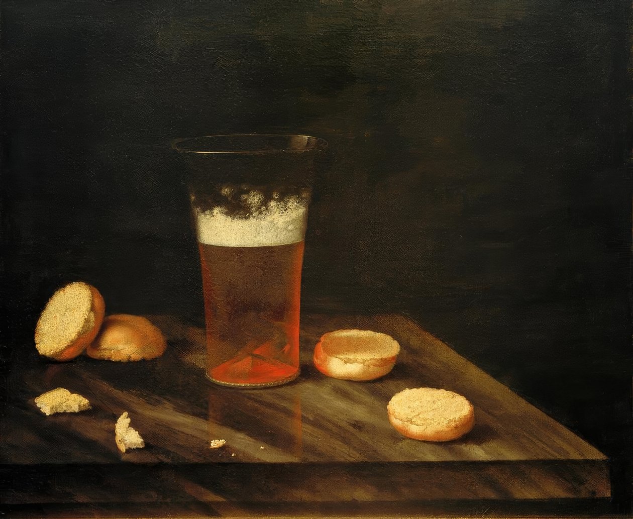Stilleben med et ølglass og rundstykker av Johann Georg Hainz