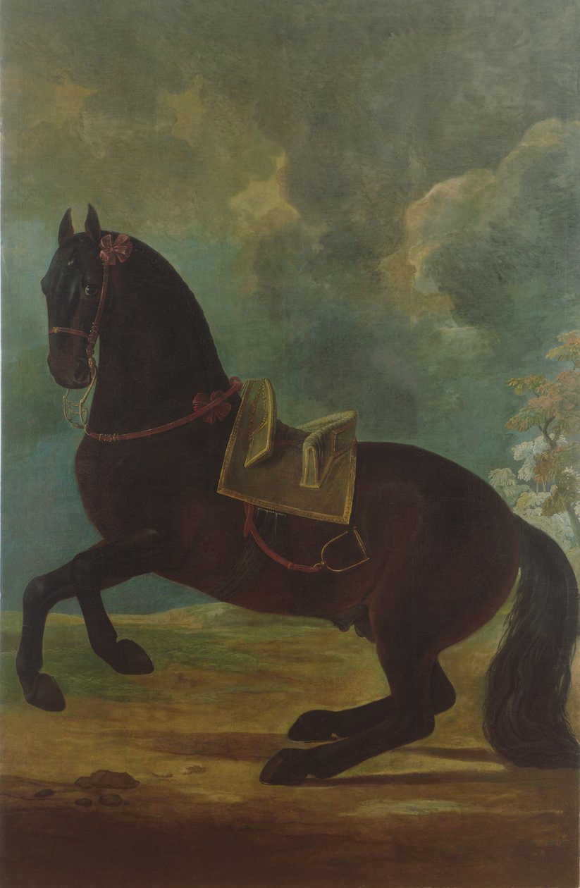 The Bay Stallion med spansk sal av Johann Georg Hamilton