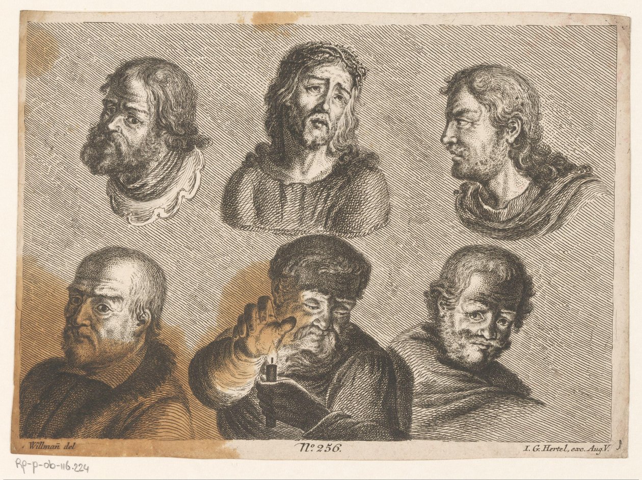 Seks menns hoder, inkludert Kristus og en mann med stearinlys av Johann Georg Hertel (I) (possibly)