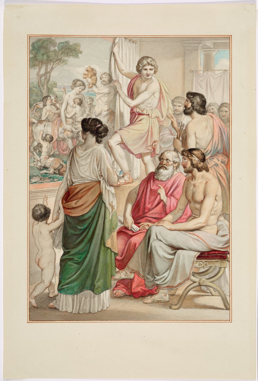 Maleren Zeuxis presenterer sitt maleri av kentauren av Johann Georg Hiltensperger