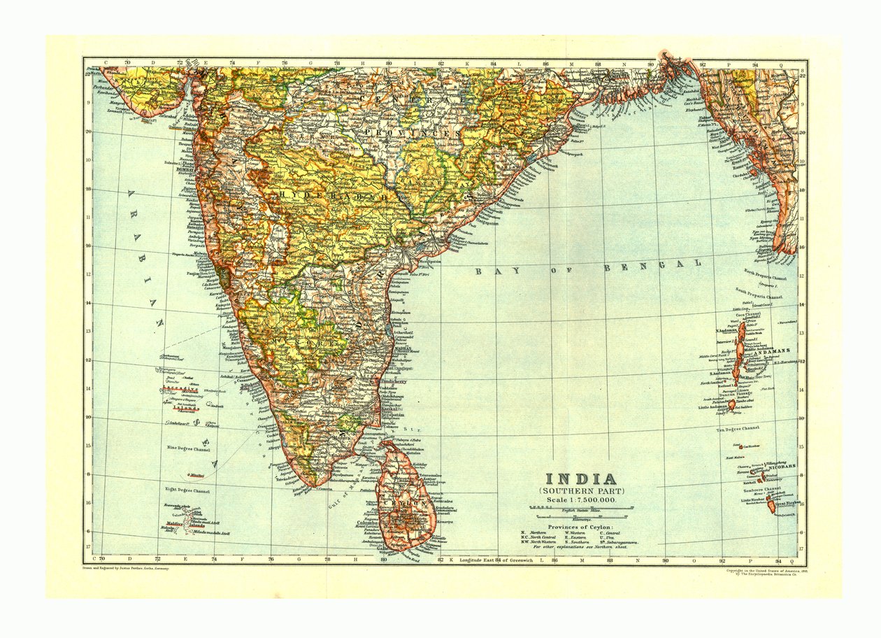 Kart over Indias sørlige del, c1910 av Johann Georg Justus Perthes