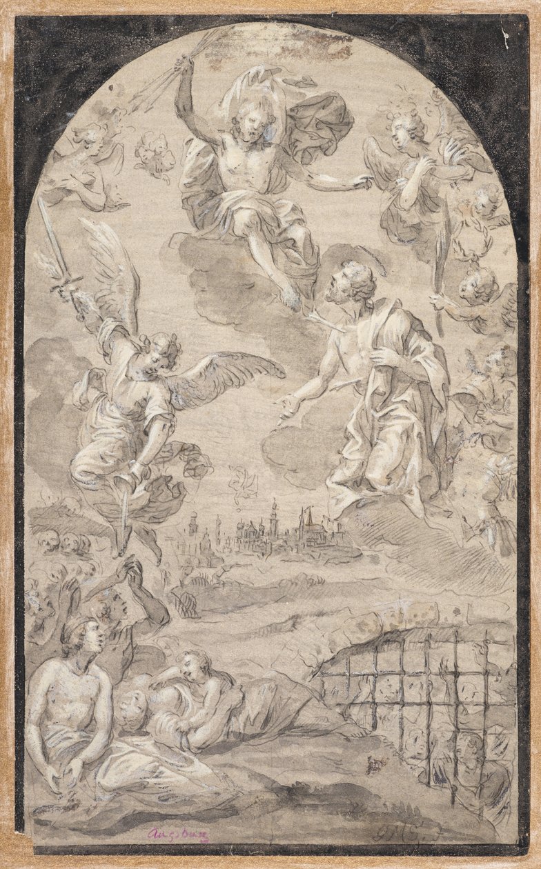 Helgen som går i forbønn med Kristus for ikke å kaste tordenbolten over byen Augsburg av Johann Georg Melchior (1625 1705) Schmittner