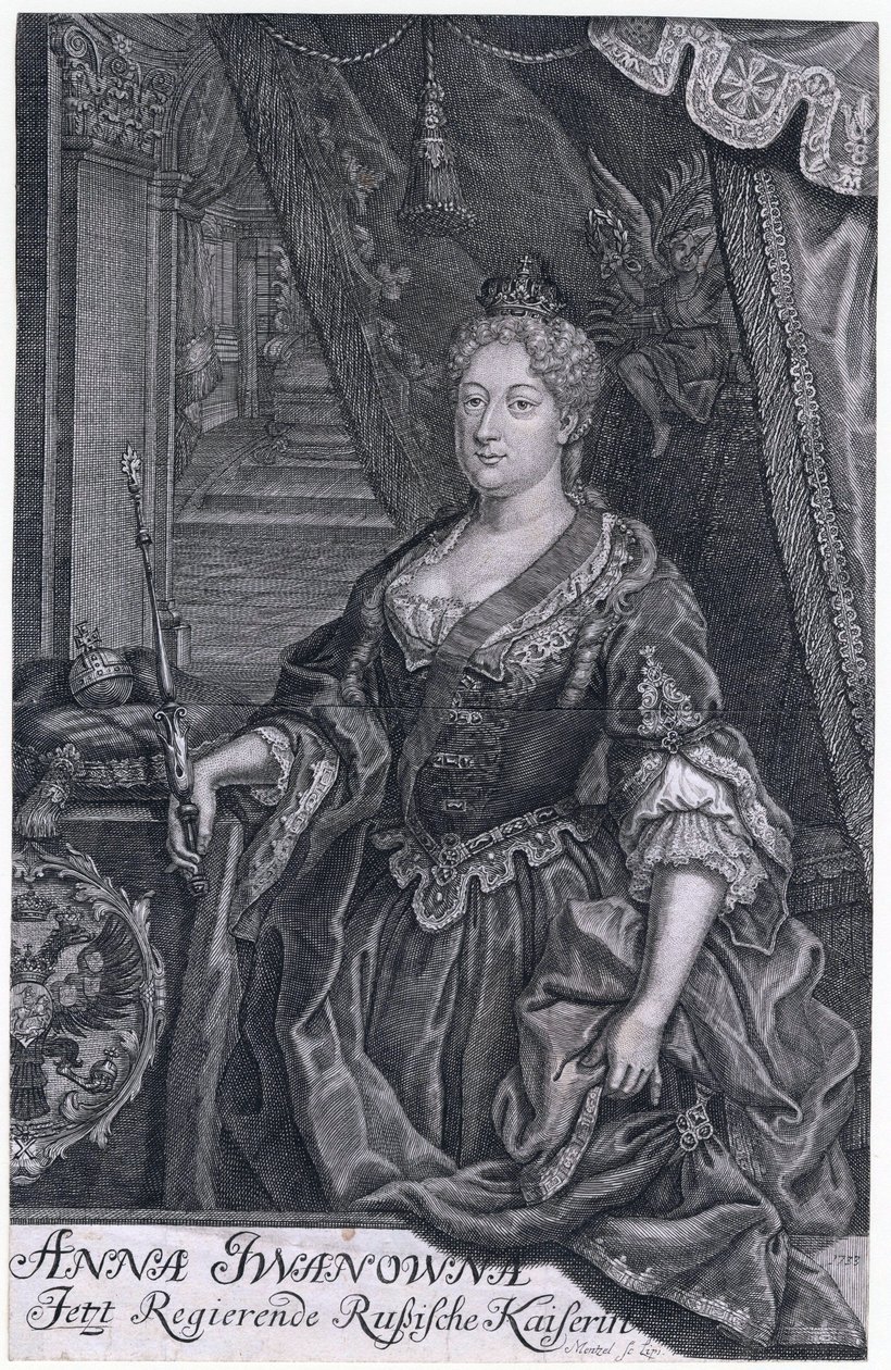 Anna Ivanovna var keiserinne av Russland fra 30. januar 1730 til 29. oktober 1740. - Portrett av keiserinne Anna Ioannovna (1693-1740) - Mentzel (Menzel), Johann Georg (1677-1743) - 1733 - Kobberstikk - 32,3x2. 6 -Privat samling av Johann Georg Menzel