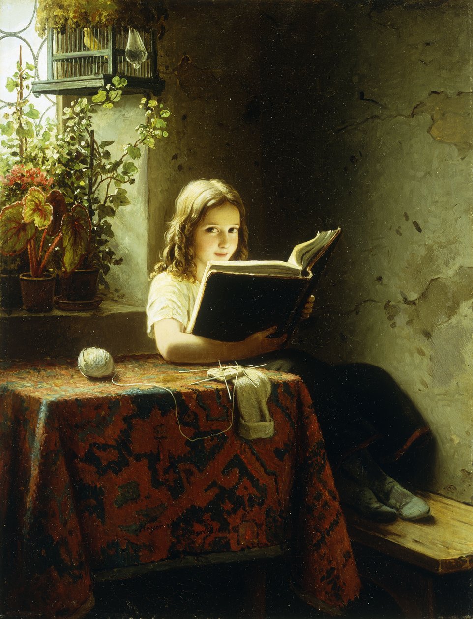 En jente som leser; Lesepiken, 1871 av Johann Georg Meyer